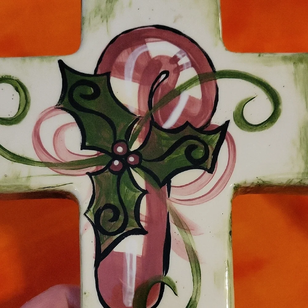 Painted Decorative Ceramic Cross with Holly and Ribbon P